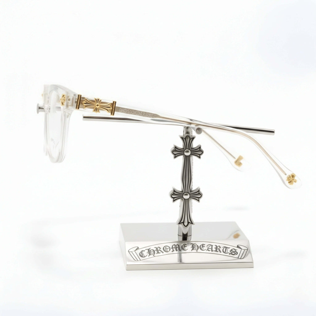 Crystal Gilded Square glasses showcasing icy transparency and vintage gold accents on a sleek stand.